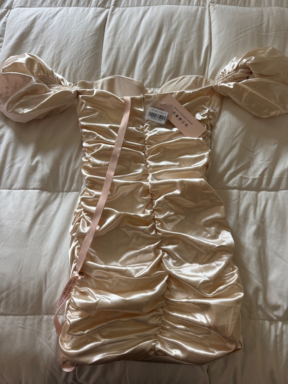 Oh Polly Ivory Satin Ruched Off-Shoulder Mini Dress - Picture 2 of 3